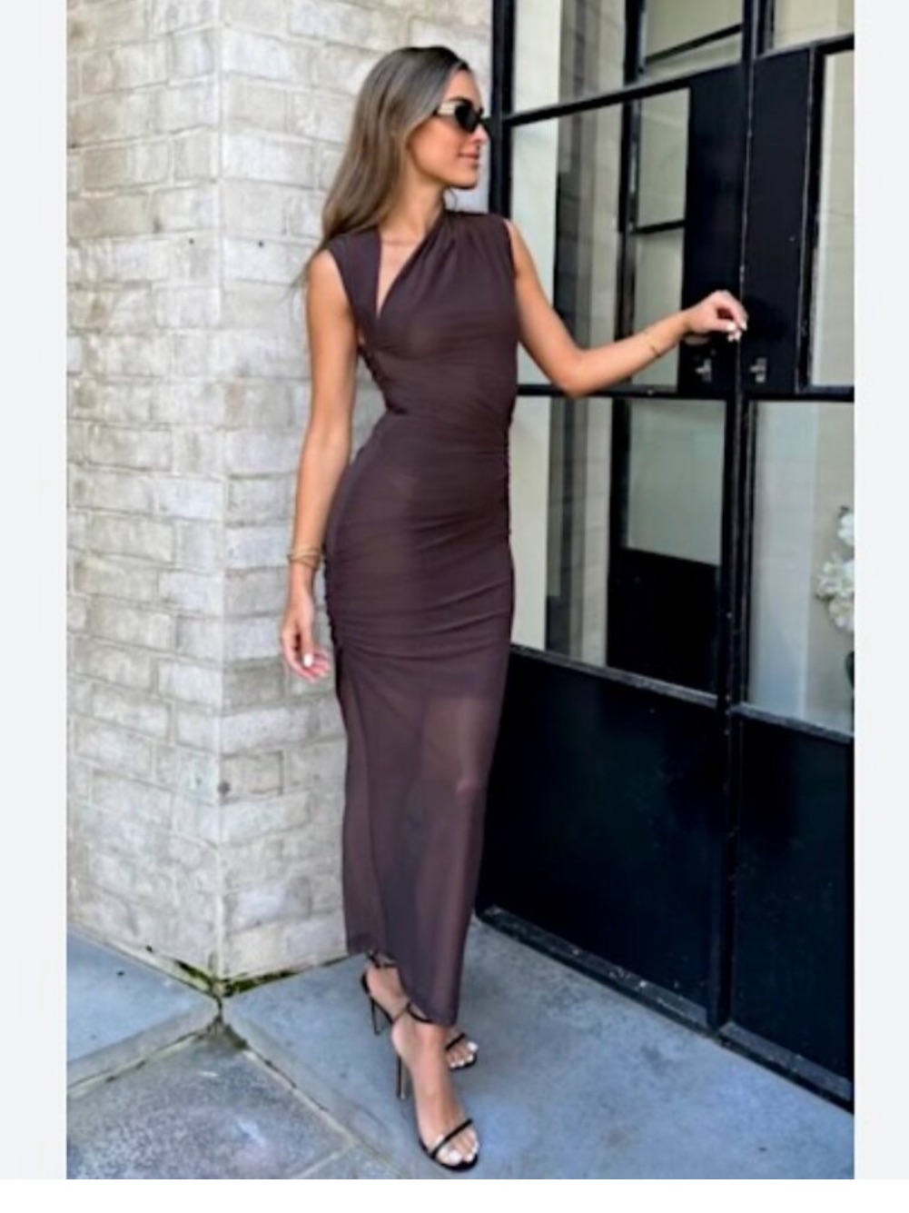 Misha Collection Tillie Asymmetric Mesh Midi Dress Umber Brown